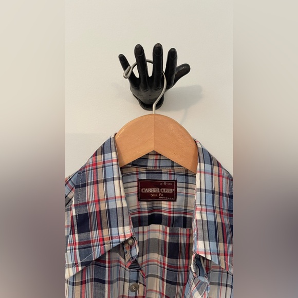 S Vintage Plaid snap shirt.  Slim fit. Thin blue white red beige Grunge 90’s - Picture 3 of 10